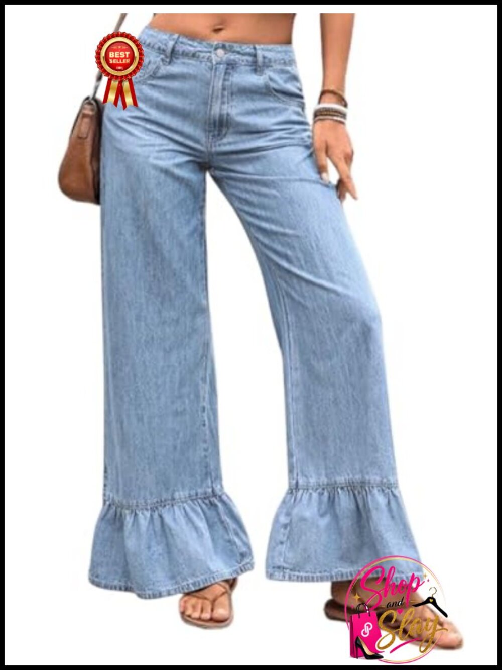 Boyfriend Ruffle Wide Leg Mid Rise Flared Denim Palazzo Jeans Loose Fit